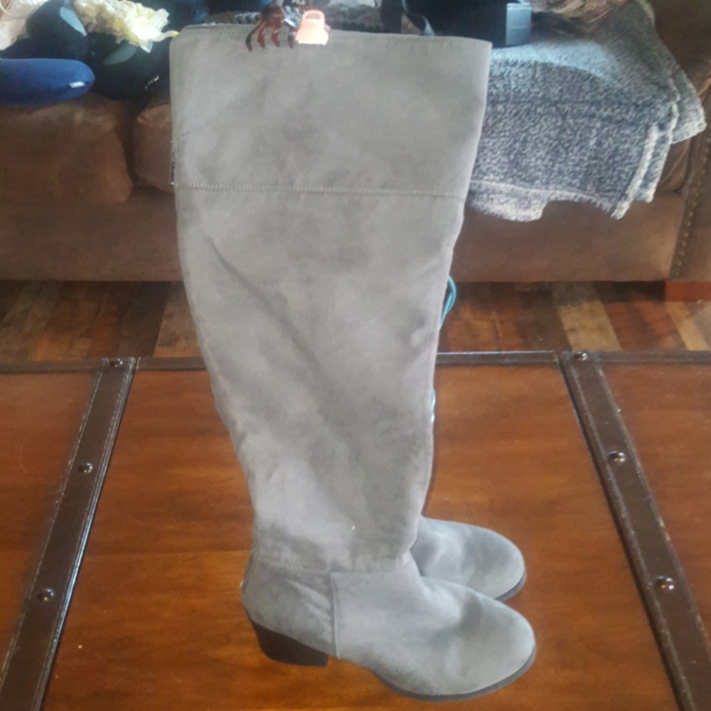 Gray suede boots over the knee